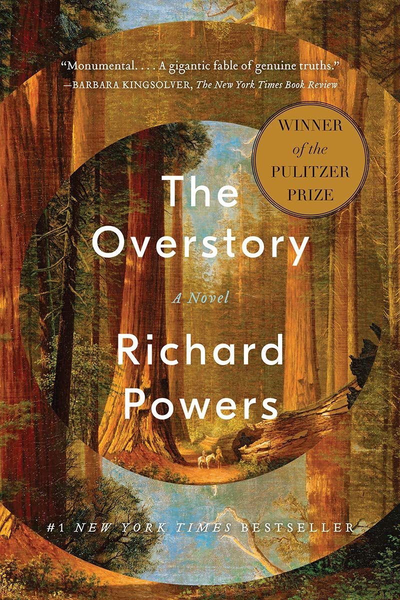 Book cover of The Overstory by Richard Powers, with a large tree-ring design and orange-brown background.