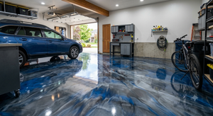Blue SUV in a polished garage with shelves, bicycles, and an open door to the driveway.
