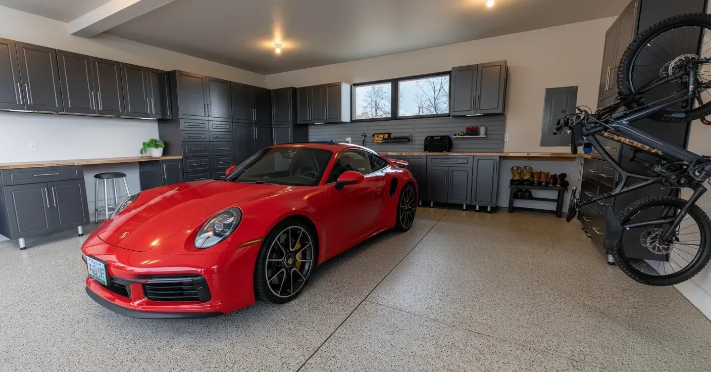 Red sports car parked in a modern garage with bicycles and tools along the walls.