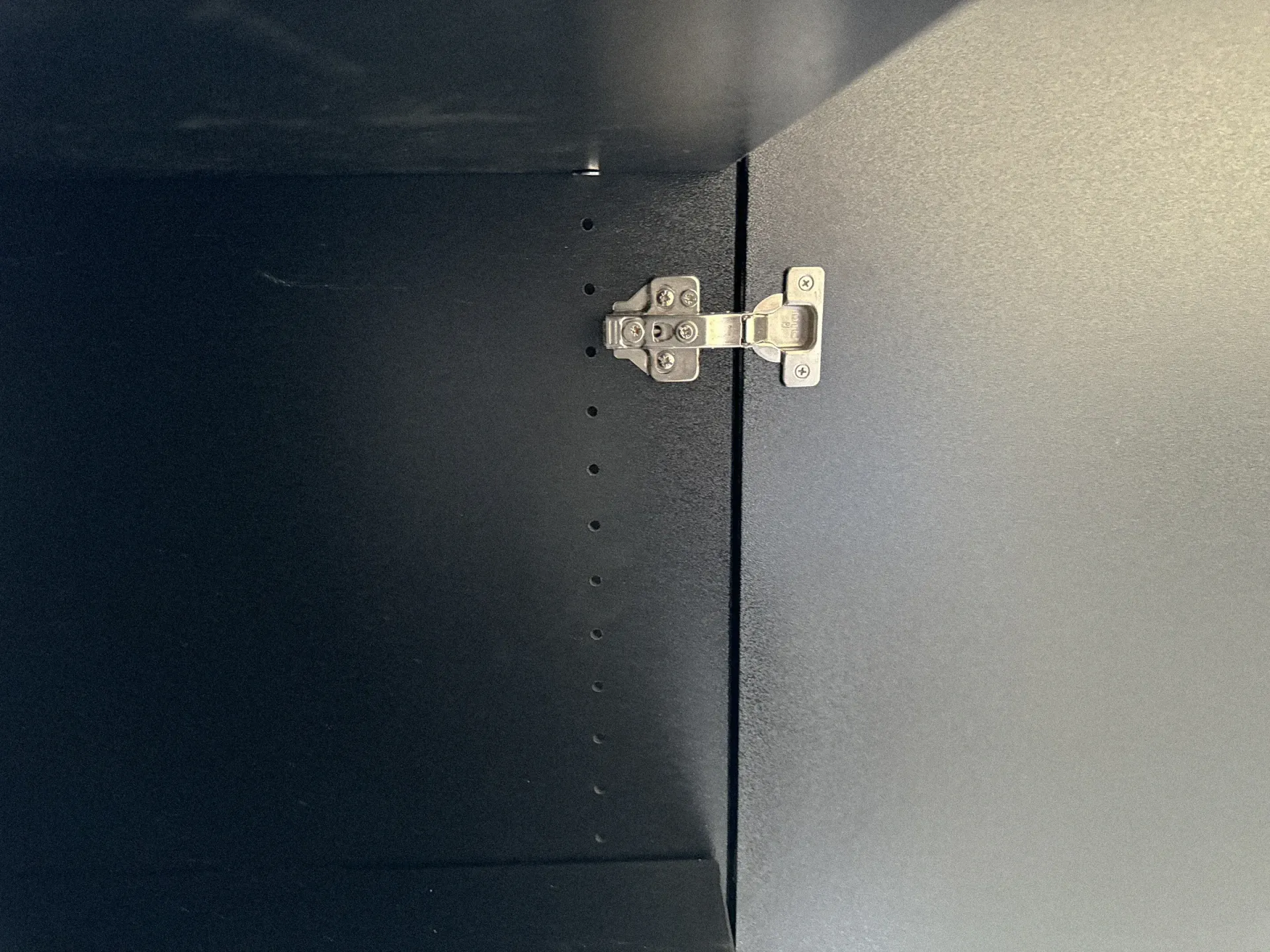 Close-up of a black cabinet door with a metal hinge on the right side