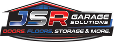 JSR Garage Solutions logo with red roofline and text: Doors, Floors, Storage & More.