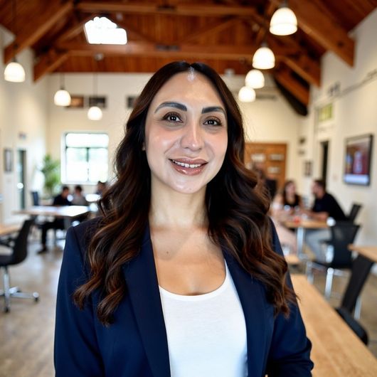Smiling woman in a black blazer stands with coworkers in an office hallway