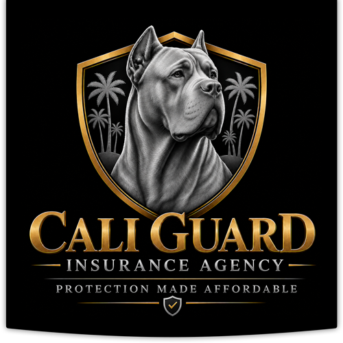 Cali Guard Insurance Agency logo with a gray dog emblem on a black background