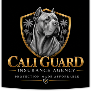 Cali Guard Insurance Agency logo with a gray dog emblem on a black background