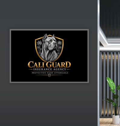 CAL GUARD Insurance Agency logo with a gray wolf on a black wall sign