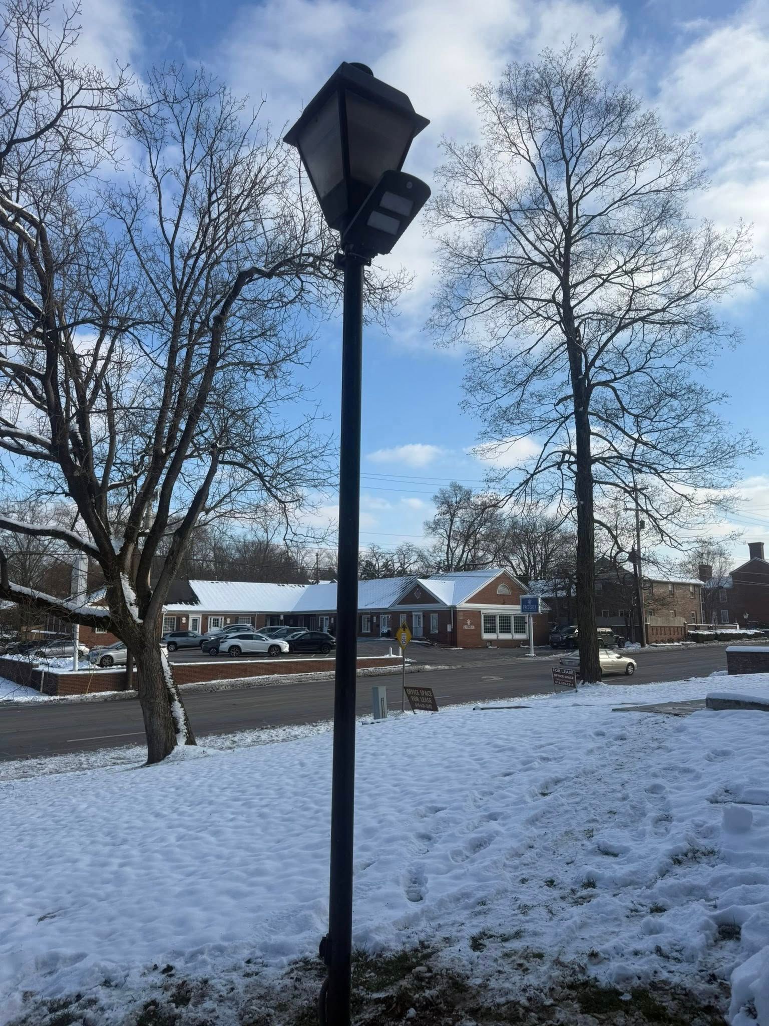 A street lamp stands in the foreground of a snowy outdoor scene with trees and a building in the background.
