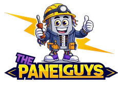 Animated electrical panel character in a hard hat holding a screwdriver, smiling with a thumbs up above "The Panel Guys."