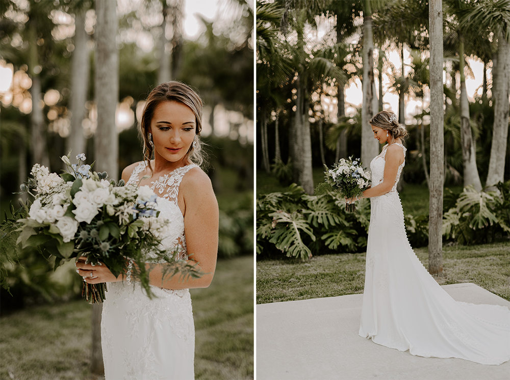 Bride in white gown, holding bouquet, standing outdoors. Palm trees and greenery in the background.