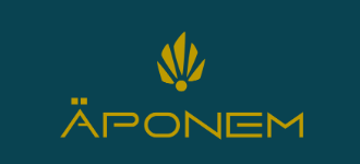Logo APONEM doré sur fond bleu sarcelle foncé.