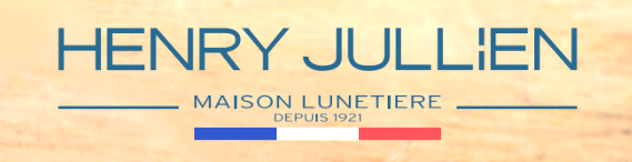 Logo Henry Jullien Maison Lunetière avec texte bleu et rouge sur fond beige.