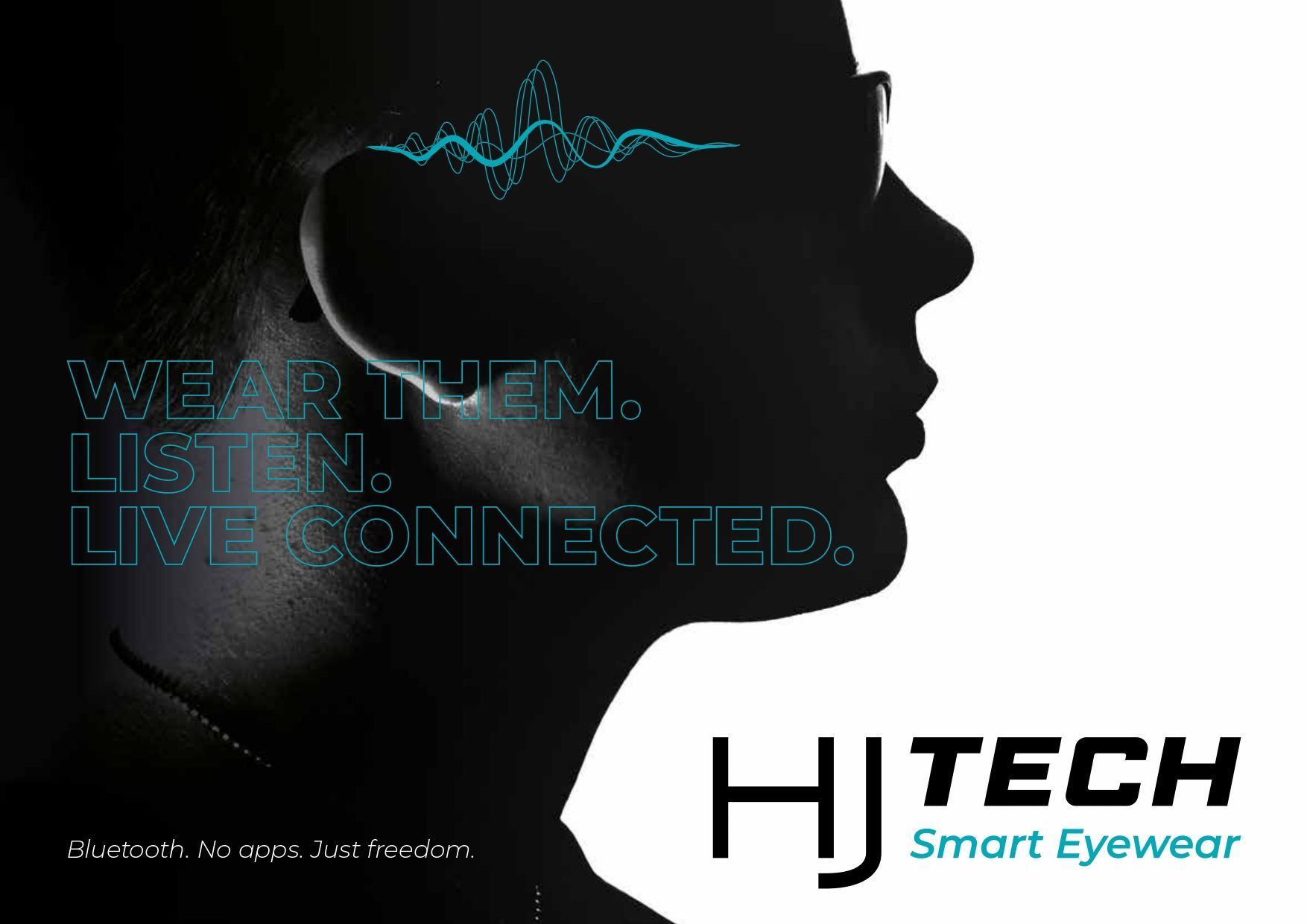 Profil en silhouette avec texte bleu ondulé, faisant la promotion des lunettes connectées HJ Tech sur fond noir.