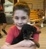 Little boy hugging a Rottweiler puppy