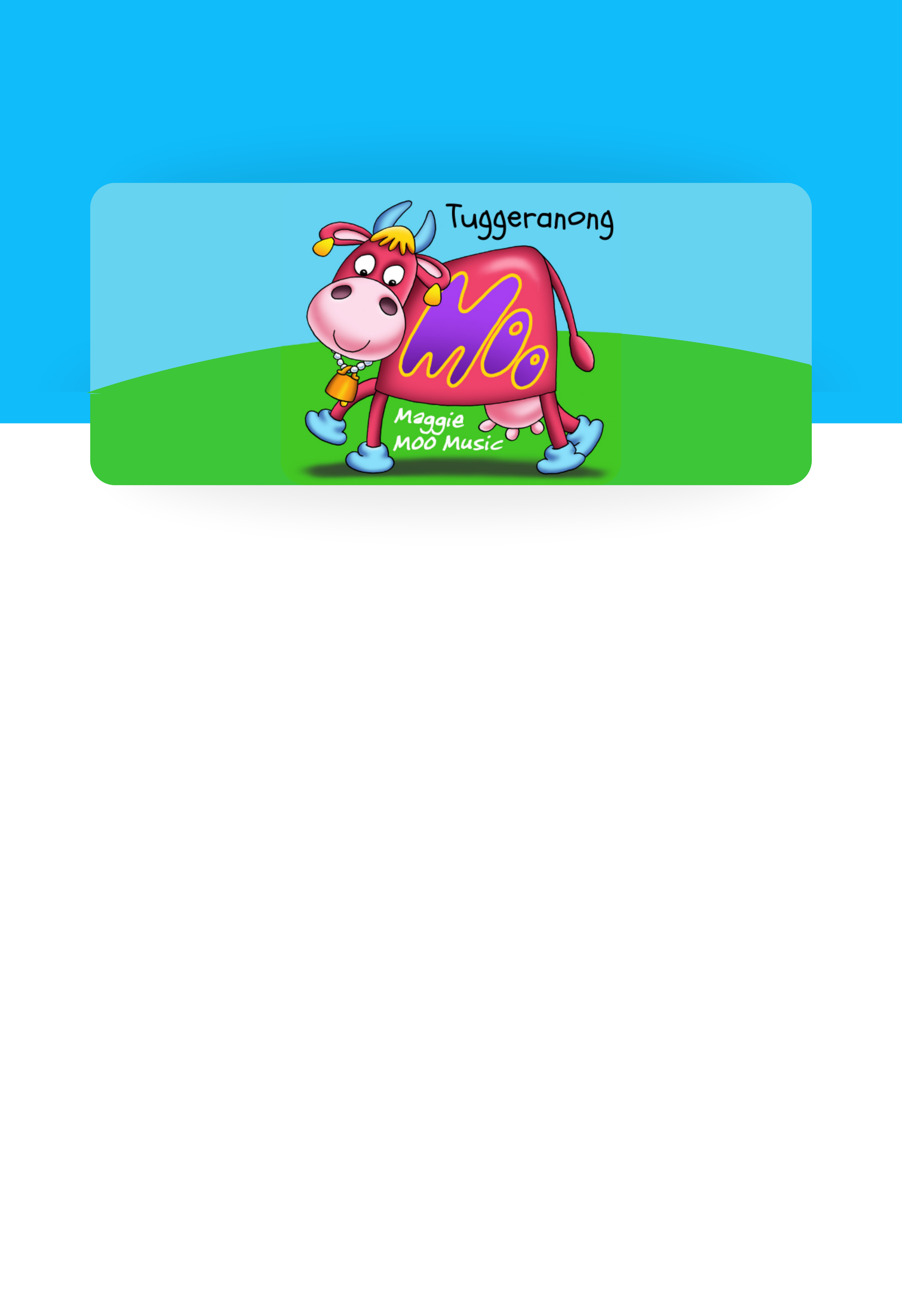 Tuggeranong Moo Music logo featuring Maggie Moo, a colourful cartoon cow mascot for children’s music and movement classes.