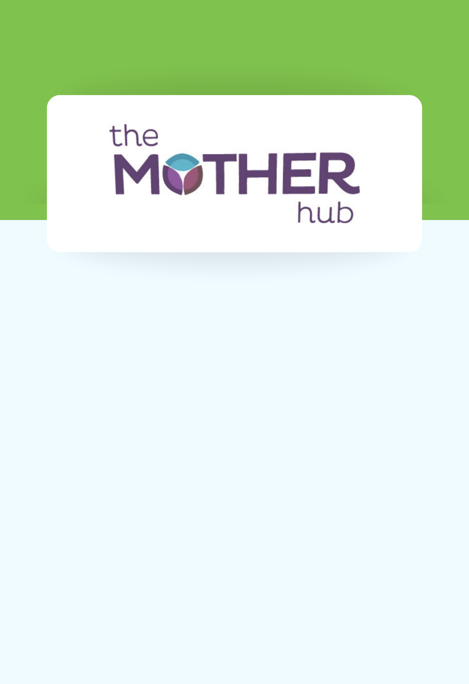 The Mother Hub logo featuring purple typography and a circular leaf-inspired symbol representing support for mothers and families.