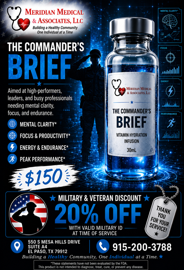 Promotional flyer for “The Commander’s Brief” supplement, with bottle, benefits, discount, and phone number.