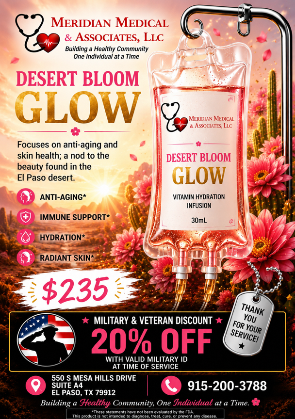 Desert Bloom Glow IV therapy ad with pink floral design, price $235, 20% off, and contact info.