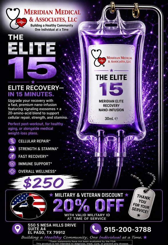 Purple IV hydration ad for “Elite 15” recovery at Meridian Medical & Aesthetics, $250 and 20% off.