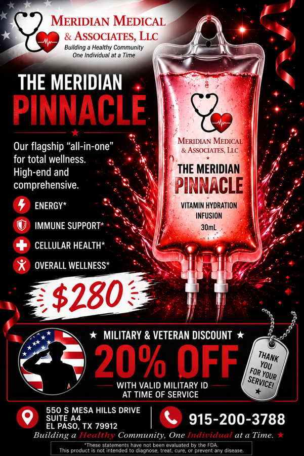 Meridian Medical & Aesthetics ad for The Meridian Pinnacle IV drip, $280, 20% off, red and black design