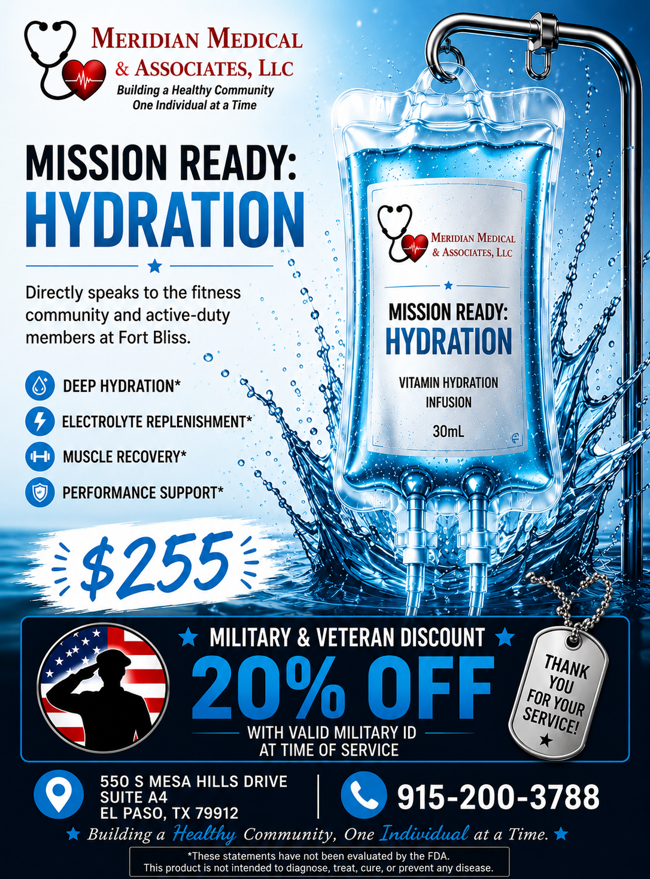 Meridian Medical “Mission Ready: Hydration” IV therapy ad with blue IV bag, $255 price, and military/veteran discount.