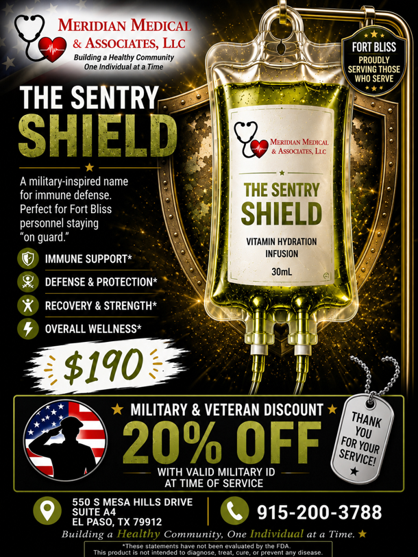 Sentry Shield supplement ad with gold bottle, $190 price, and 20% off military/veteran discount.