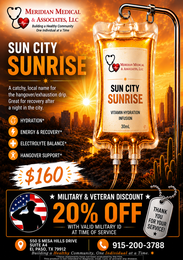 Sun City Sunrise vape ad with orange bottle, $160 price, 20% off, military and veteran discount.