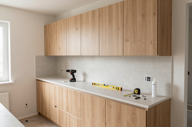 Kitchen remodeling materials and installed cabinets