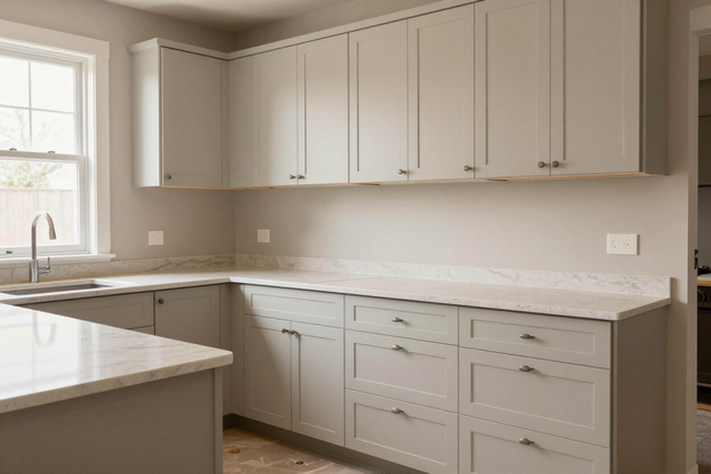 Modern kitchen remodel with fresh cabinets and countertops.