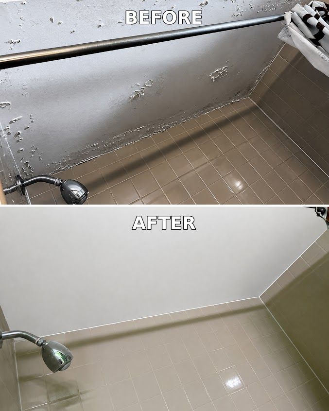 Before-and-after of a bathtub/shower wall, showing grime removed and a clean white surface.