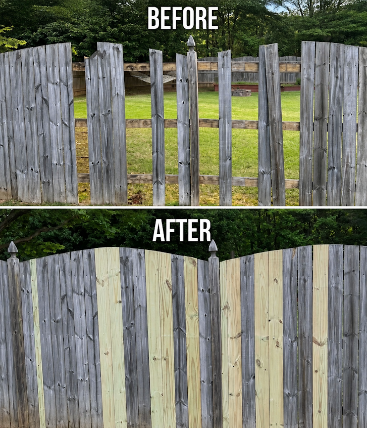Before-and-after view of a weathered wooden fence, shown gray then newly painted light gray-blue.