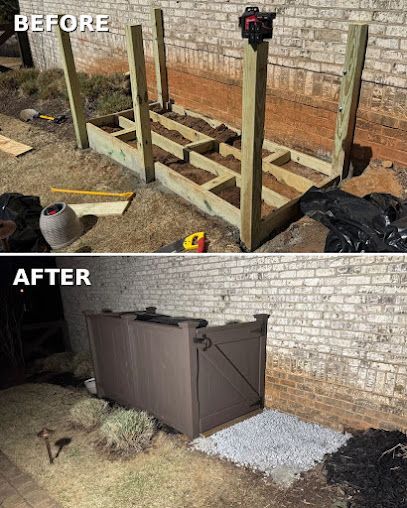 Before-and-after backyard shed base: wooden frame replaced with a brown plastic storage bin on gravel.