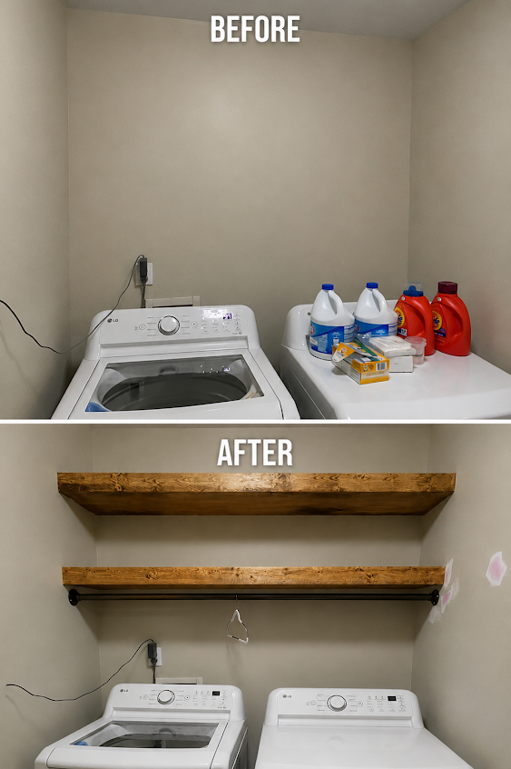 Before-and-after laundry nook with a washer, detergent, and new wooden wall shelves.
