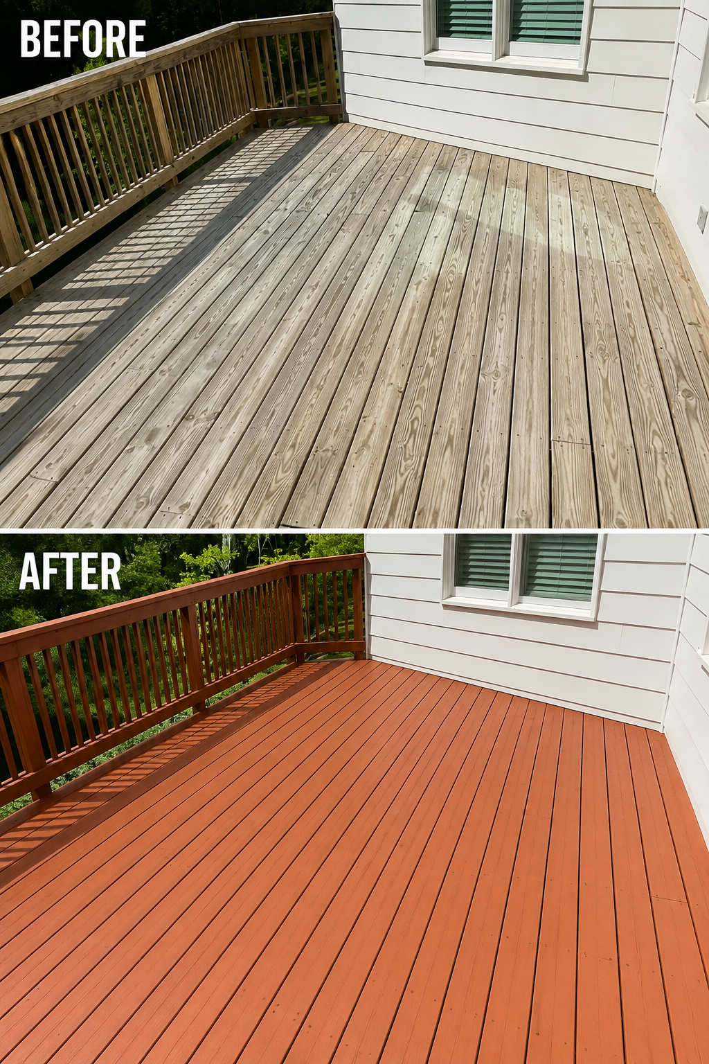 Before-and-after deck stain comparison: weathered gray deck turns fresh orange-brown.