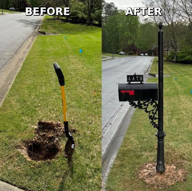 Before-and-after of a shovel beside a road and a mailbox post replaced with a taller black post on a grassy verge.