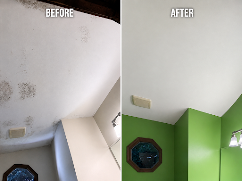 Before-and-after ceiling repair: stained white ceiling becomes clean and smooth, with green walls below.