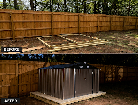 Before-and-after of a backyard fence with a new metal storage shed on a concrete pad under trees.