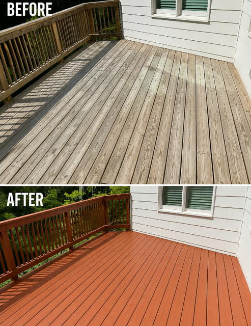 Before-and-after of a weathered deck repainted bright orange-red with white house siding nearby