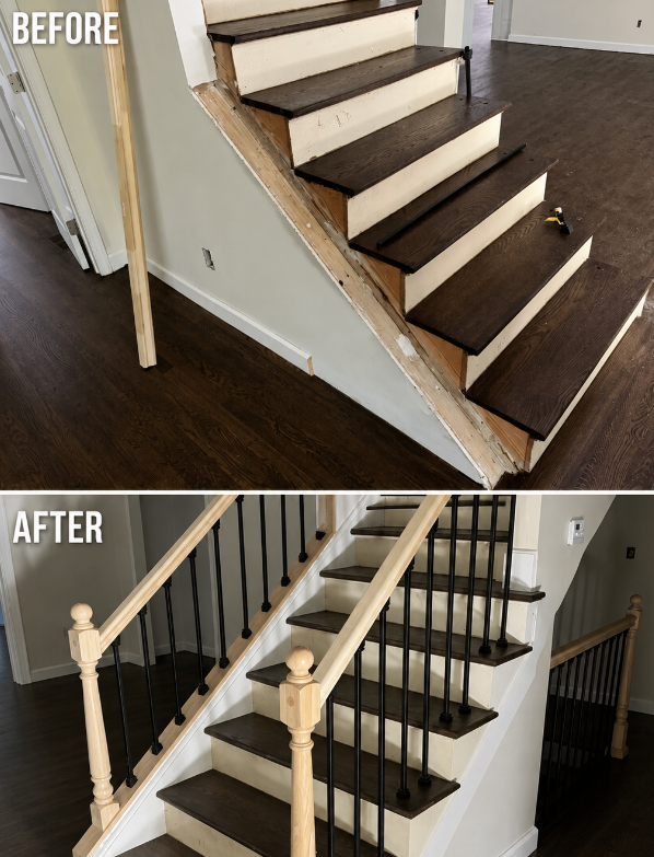 Before-and-after staircase with black railing added to a white interior stairway.