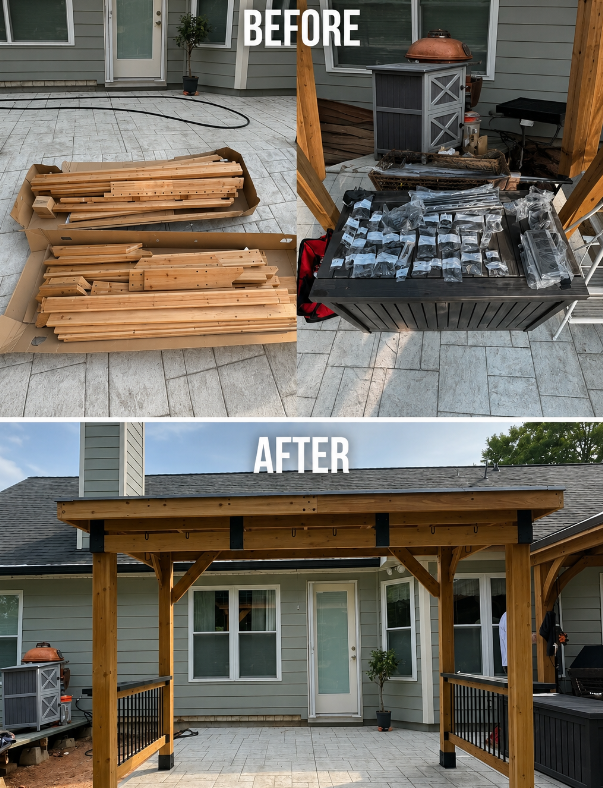 Before-and-after of a wooden patio cover assembly: lumber and parts on driveway, finished structure attached to house.