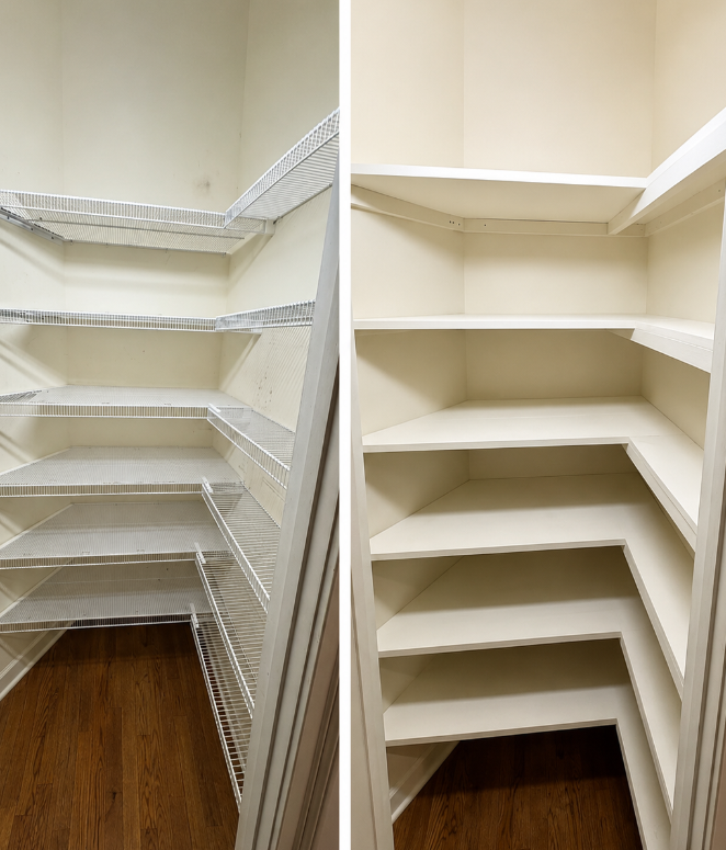 Empty white walk-in closet with wire and wooden shelves on both sides and wood flooring
