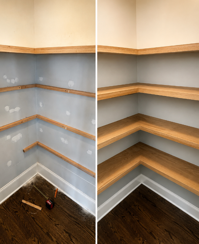 Corner pantry shelves with unfinished wood trim and light gray walls, shown before-and-after