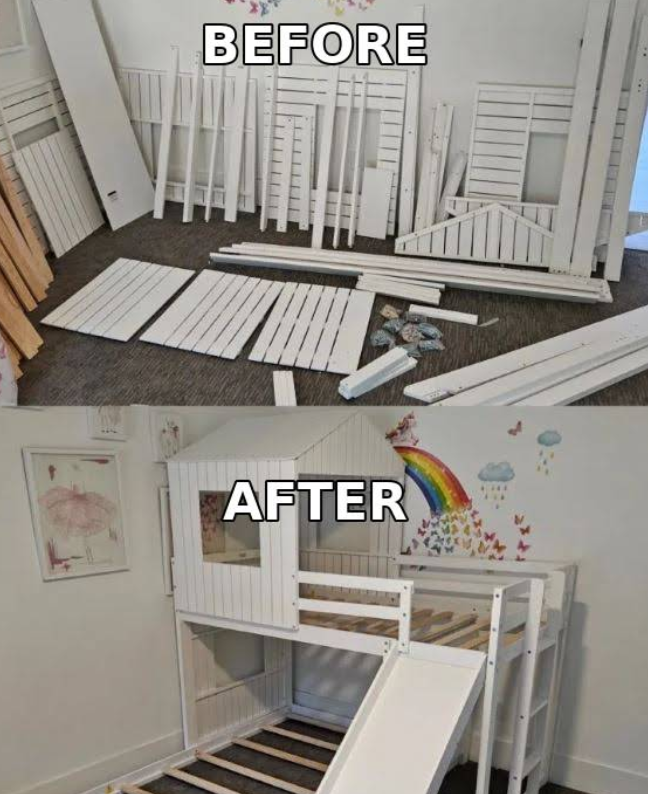 Before-and-after of a white crib transformed into a toddler loft bed with slide in a child’s room.