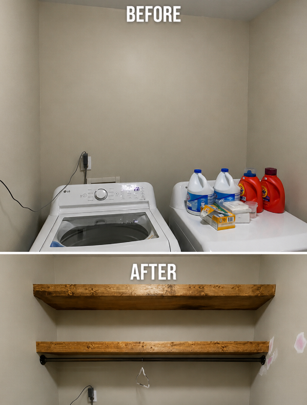 Before-and-after laundry room: washer with detergent on shelf, then installed wooden wall shelves.