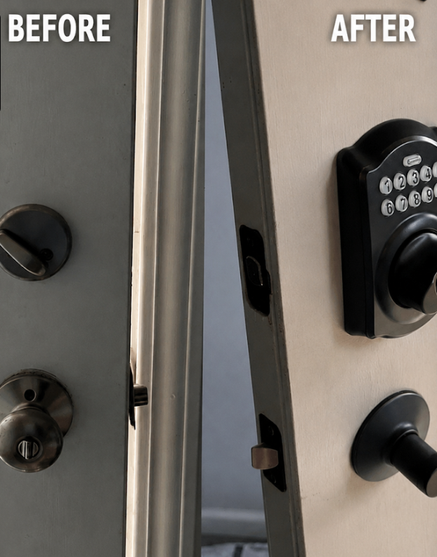 Door lock before-and-after: old knob replaced with a black keypad deadbolt and lever handle.