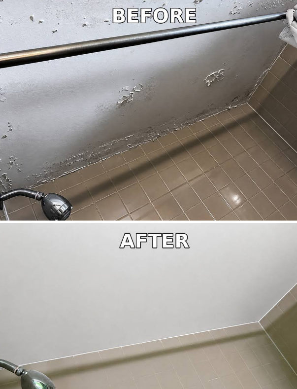Before-and-after bathroom tub wall repair: damaged caulk removed, then smooth, clean white finish.