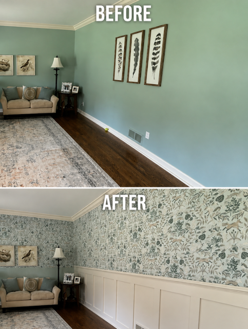 Before-and-after of a living room wall makeover: plain green wall changed to floral wallpaper with wainscoting.