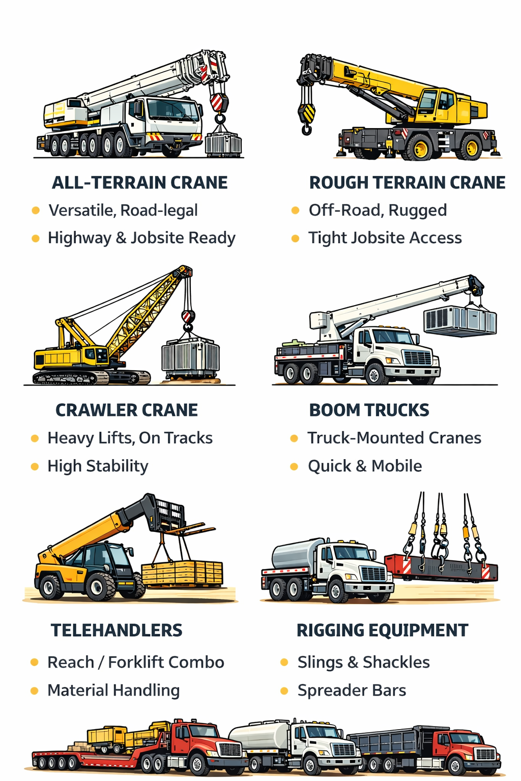 Diagram of construction cranes and equipment: all-terrain, rough terrain, crawler, boom trucks, telehandlers, and rigging. By Veteran Crane Construction