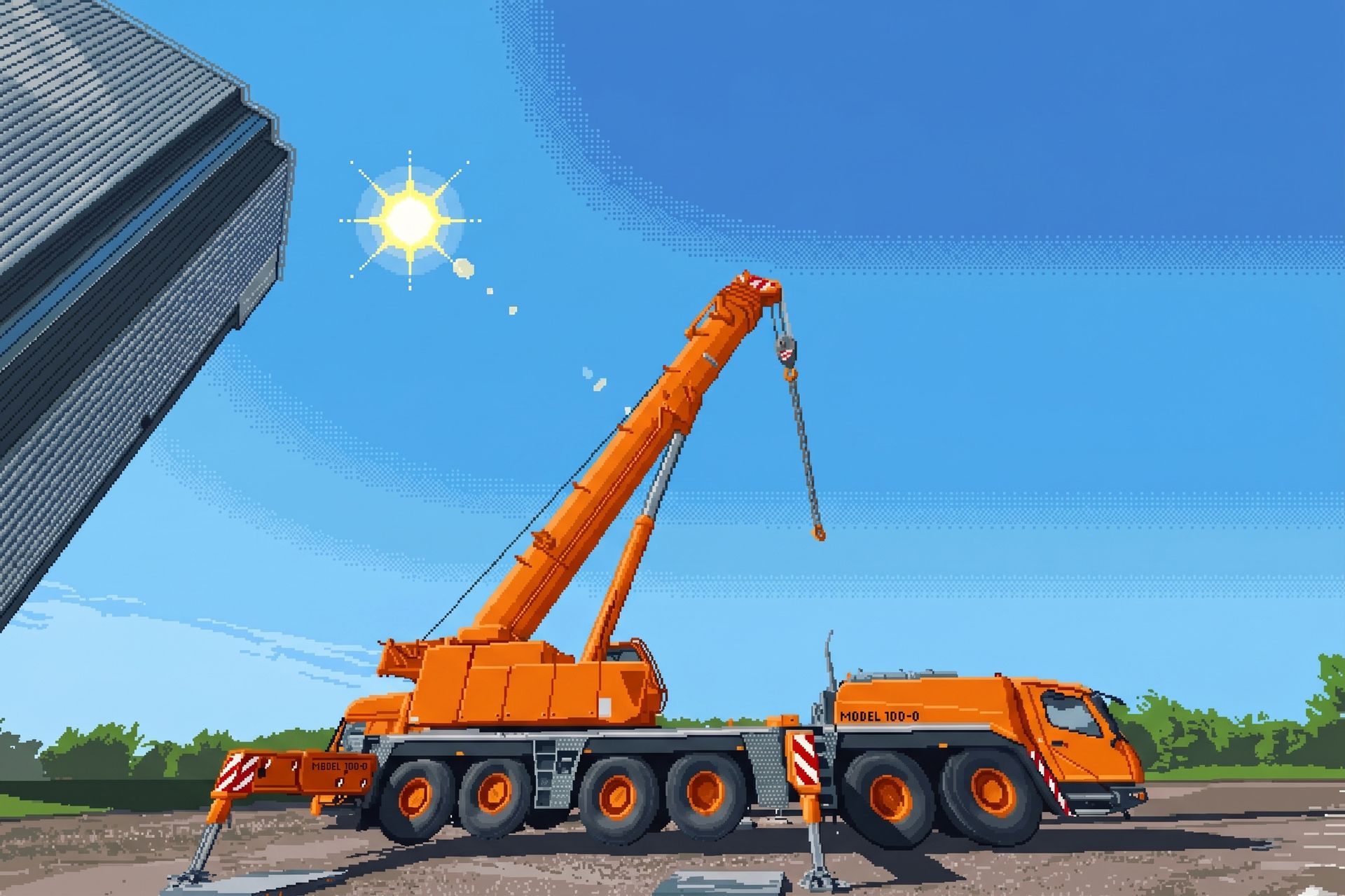 Orange mobile crane truck parked under a bright blue sky near a tall building