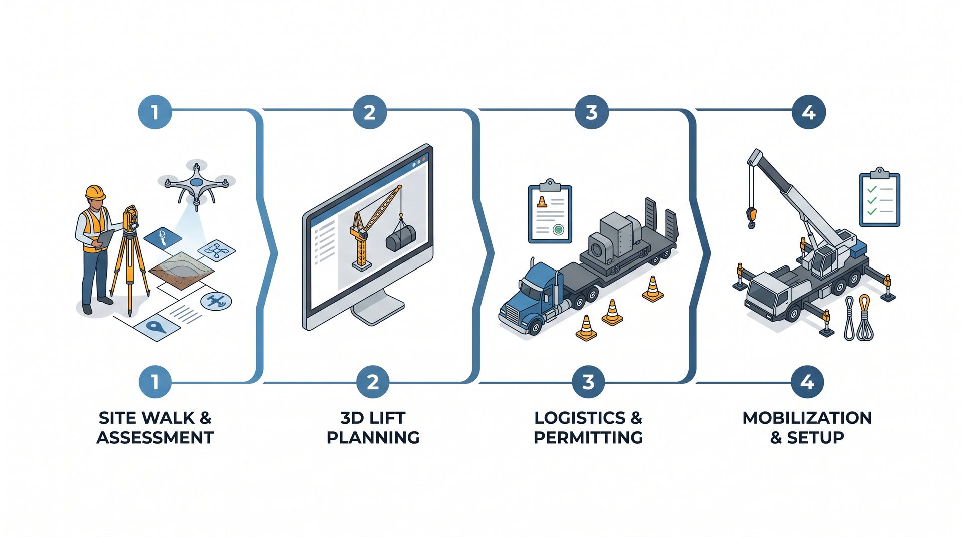 Four-step construction workflow: site walk and assessment, 3D lift planning, logistics and permitting, mobilization and setup.
