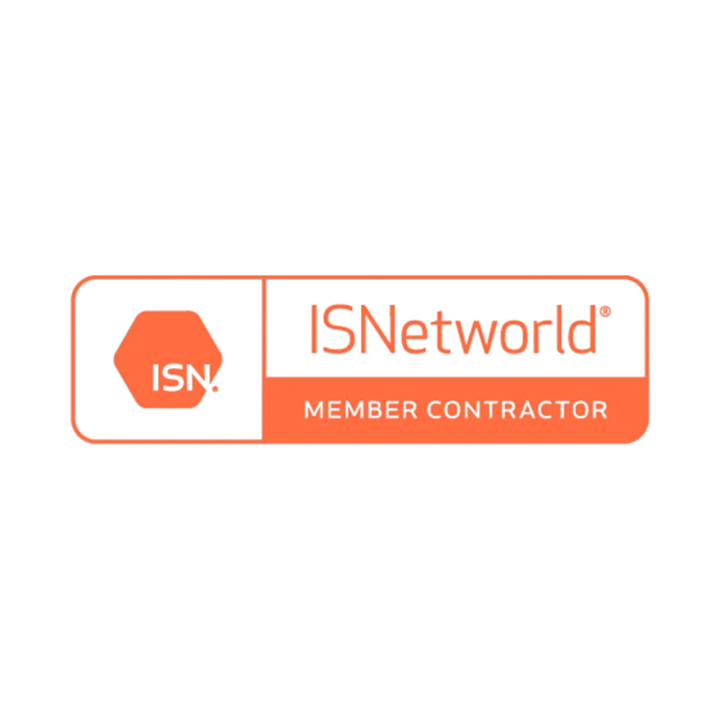 ISNetworld Member Contractor badge in orange and white. Features an ISN hexagon icon.