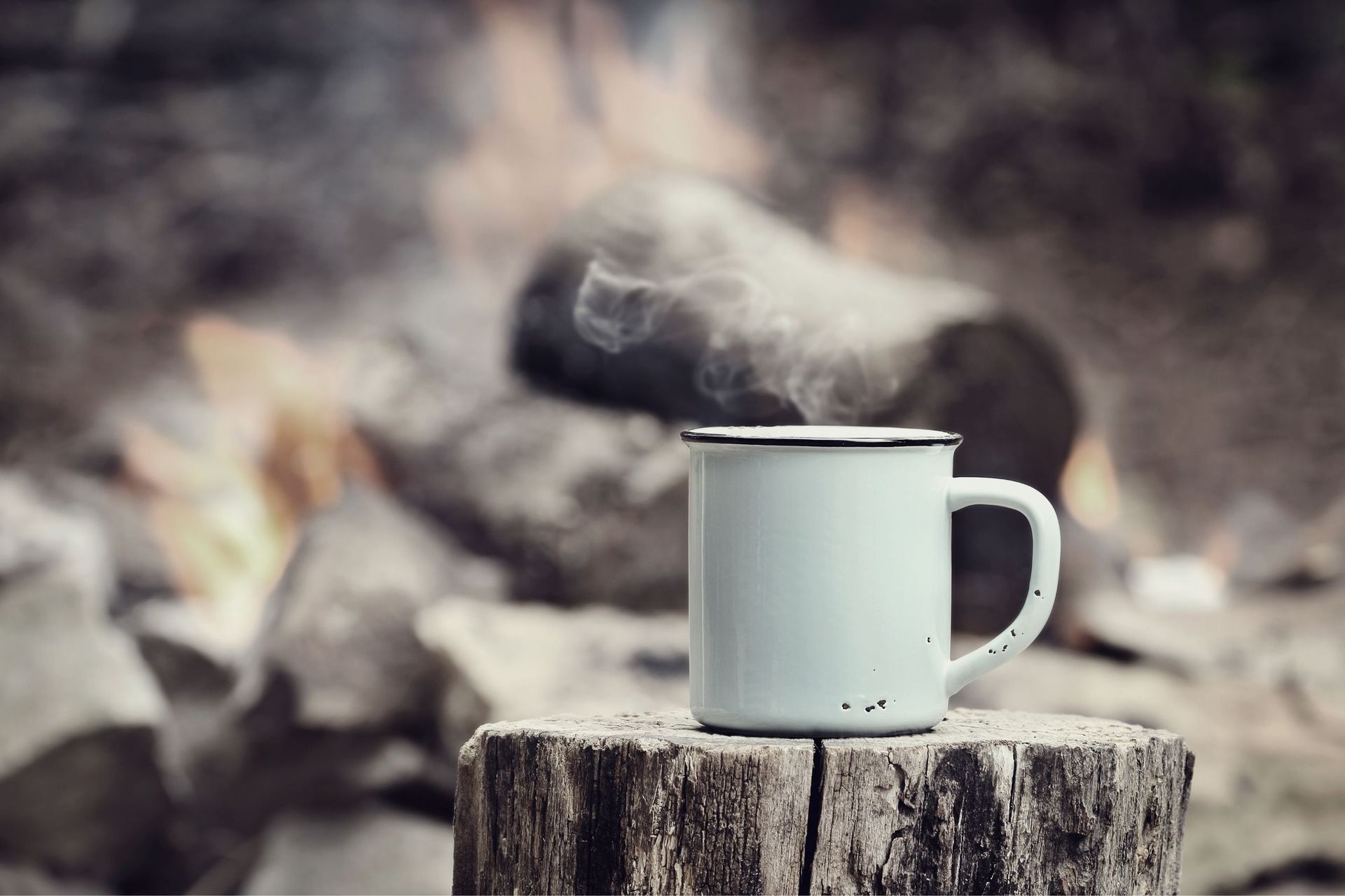 A cup of coffee is sitting on a tree stump.